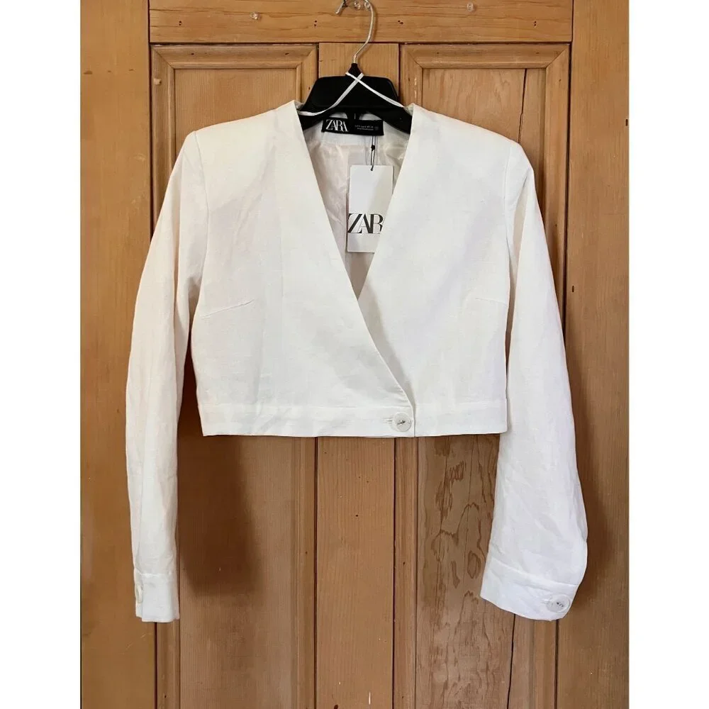 Zara Womens Linen Blend Cropped Single Button Blazer Jacket Small White SP NWT